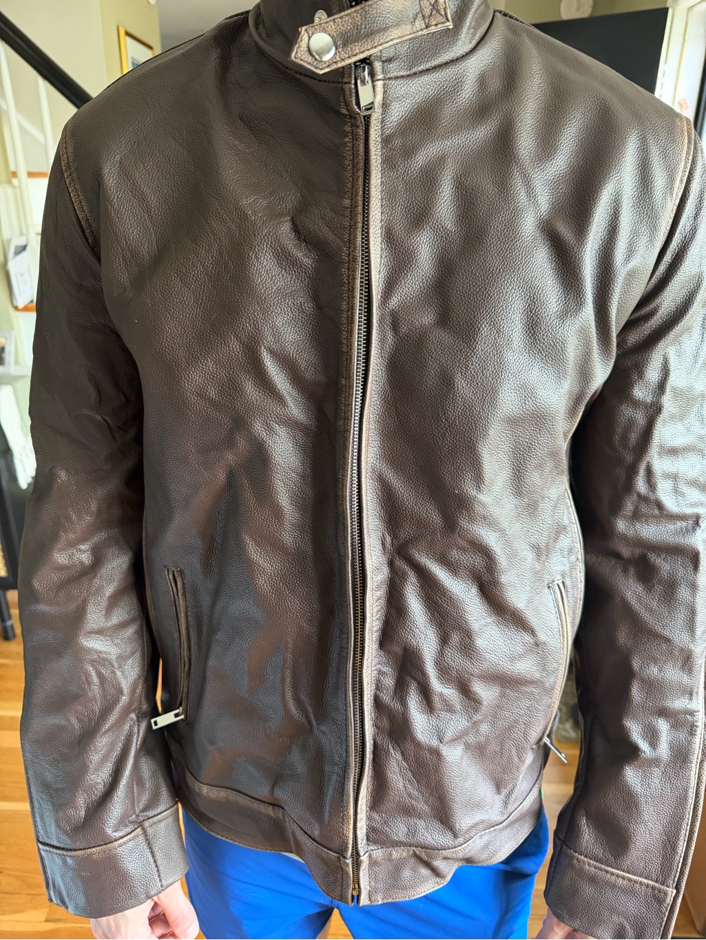 Men's Dark Brown Leather Bomber Jacket